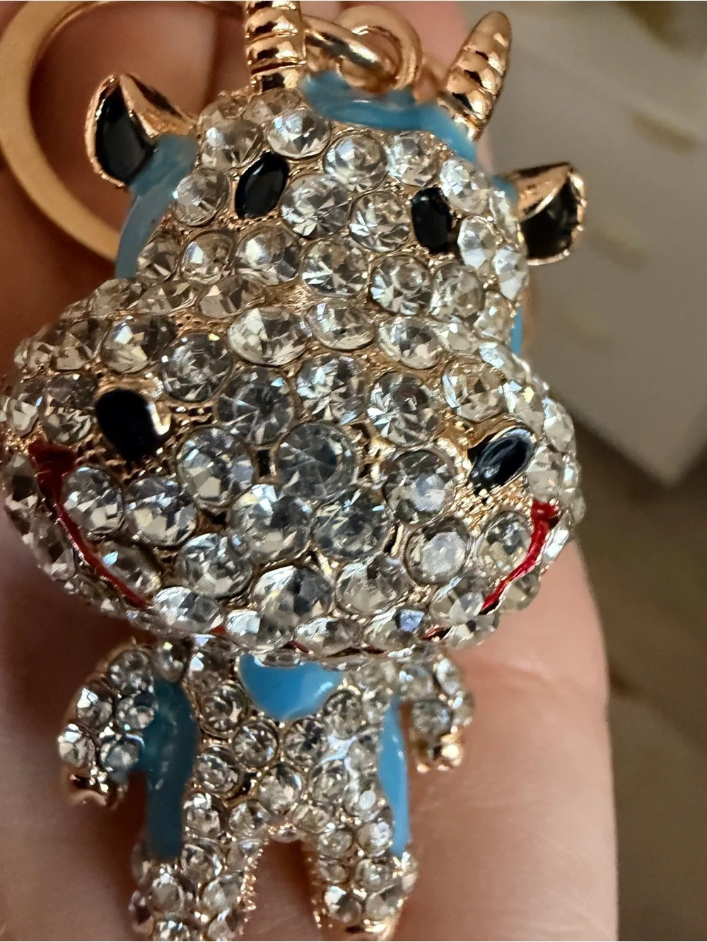 Rhinestone Cow Bag Charm Keychain Blue Enamel Rose Gold Tone